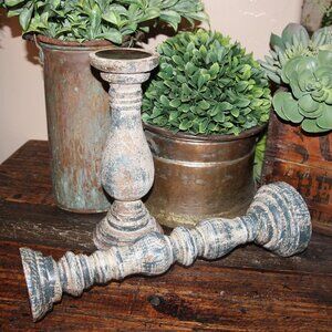 Pair of Chippy Distressed French Country Farmhouse Spindled Wood Candle Holders